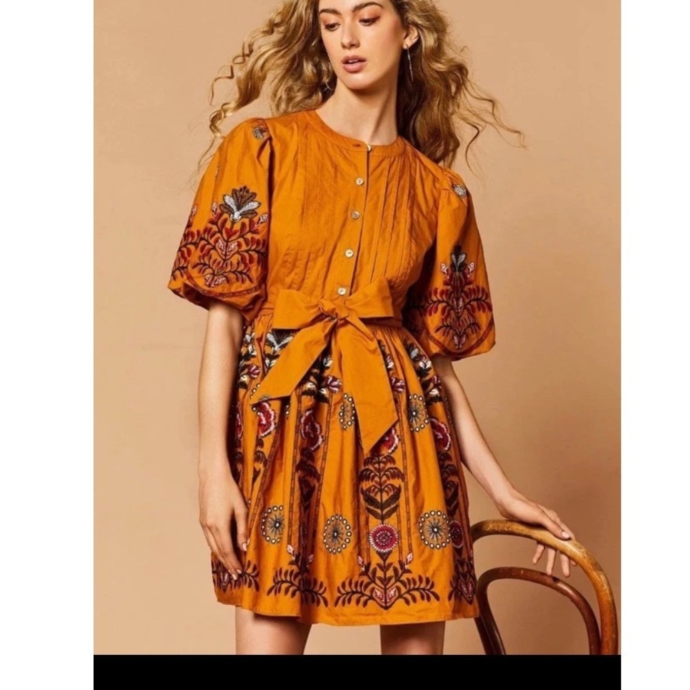 A Loves A Dark Blaze Embroidered Cotton Puff Sleeve Mini Dress XS New Boho